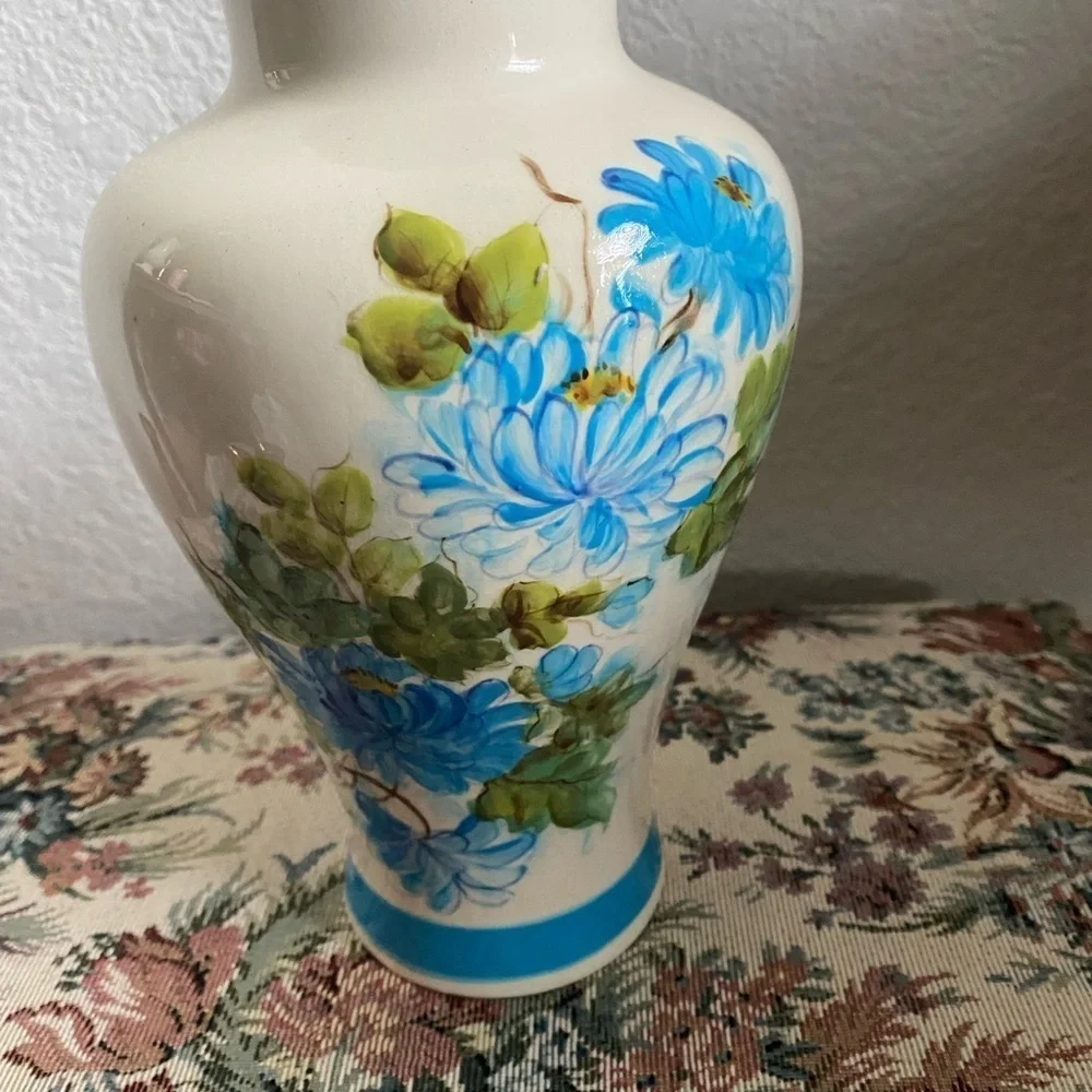 Vintage Hand Painted Floral Blossoms Ceramic Vase with Blue Accents 9.5”H